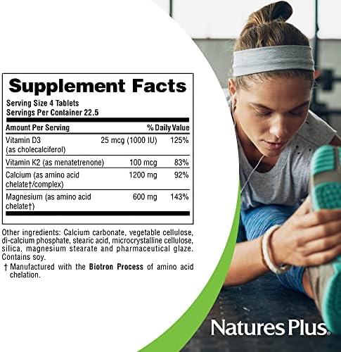 NaturesPlus Calcium/Magnesium/Vitamin D3 with Vitamin K2 - Supports Bone & Immune Health - Vegetarian, Gluten Free - 180 Tablets - 45 Servings