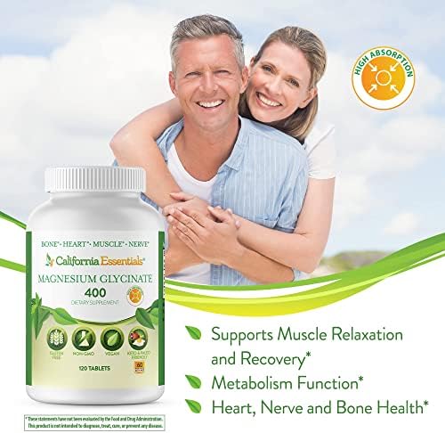 Magnesium Glycinate 400 - Chelated, High Absorption Magnesium for Muscle Relief, Bone & Heart Support -Vegan, Non-GMO, Gluten-Free 240 Tablets (Servings 120, Serving Size (2) 200mg Tablets)