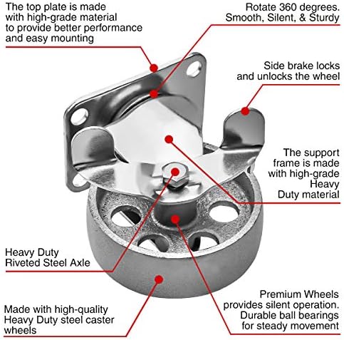 4 All Steel Swivel Plate Caster Wheels w Brake Lock Heavy Duty High-Gauge Steel Gray (3" Combo)