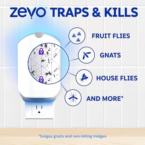 Zevo Flying Insect Trap for Fruit Flies & Gnats, 1 Base & 1 Refills | Fly Trap Catches House Flies, Gnats & Fruit Flies 24/7, Spray-Free, Odor-Free, Blue & UV Light, Safe for Kids & Pets*