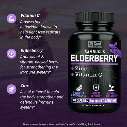 Zeal Naturals Max Strength Elderberry Capsules - 2000mg, 100 Capsules | Sambucus Black Elderberry, Vitamin C