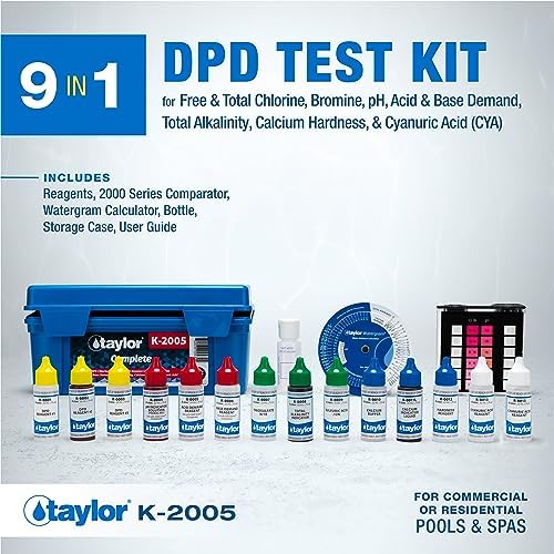 Taylor Technologies K-2005 DPD, 9-in-1 Complete Pool Test Kit for Free & Total Chlorine, Total Bromine, pH, Acid & Base Demand, Total Alkalinity