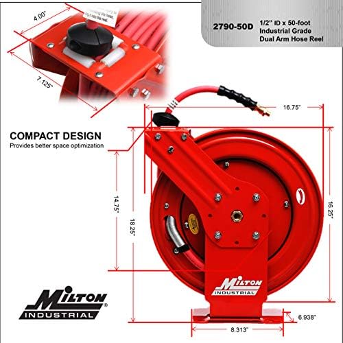 MILTON Industrial Hose Reel 2790-50D, Auto Retractable, Chemical Resistant, Prevent Cracking, Flexible in Extreme Conditions, 1/2” Hose ID