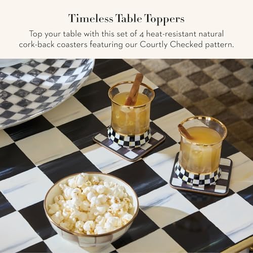 MACKENZIE-CHILDS Square Coasters Set, Black-and-White Courtly Check | Hand-painted design, made from MDF with a cork back, table coasters for drinks, 4" square, set of 4