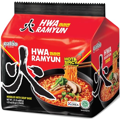 Paldo Fun & Yum Hwa Ramyun, Authentic Korean Imported, Spicy Soup Ramen, Quick & Easy to Cook Instant Noodles, Family Size 4/5-Pack