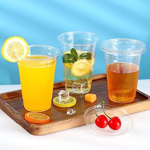 TashiBox Plastic Cups with Flat Lids 100 Sets 16 oz, Clear Crystal drink cups with lids