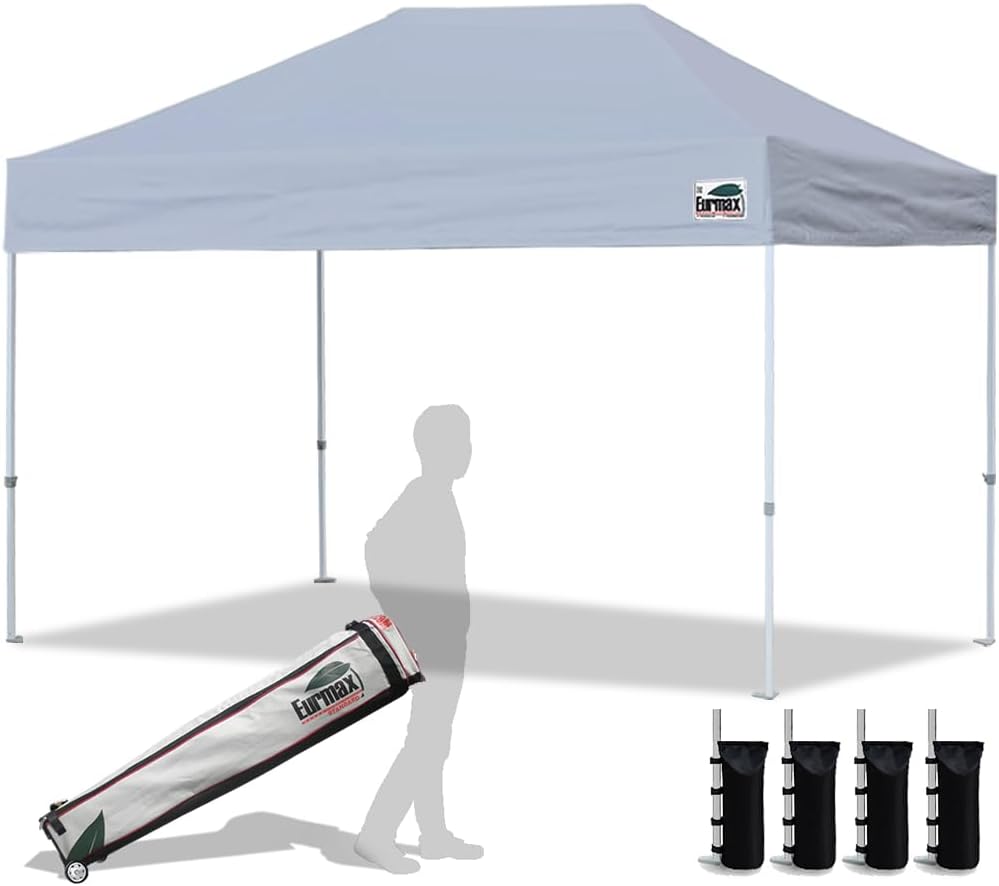 Eurmax USA 10x10ft Pop Up Canopy,Commercial Instant Tent for Outdoor Events,Patented No-Tip Rolling Storage Bag with 4 Sandbags,UV & Water Resistant,Heavy Duty Portable Shelter Gazebo,Black