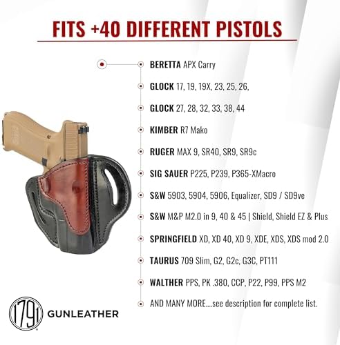 1791 Gunleather OWB Holster, Fits Glock 19, 26, 27, Shield Plus, VP40, XDS | Right-handed leather gun holster also fits Glock 17, 23, 19X, Sig P365 XMacro, Taurus G3C, Ruger Max 9, S&W Equalizer