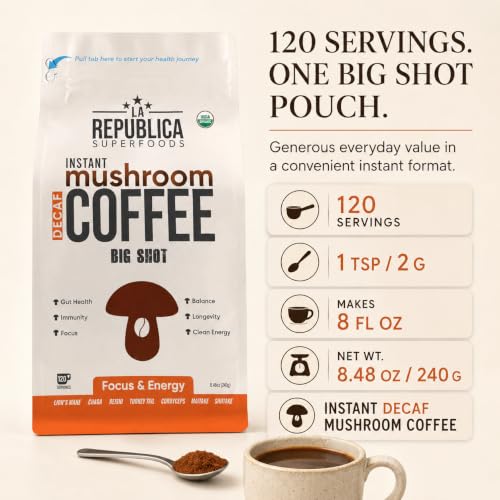 La Republica DECAF Organic Mushroom Coffee (35 Servings) with 7 Superfood Shrooms, Great Tasting Instant Mix Includes Lion's Mane, Reishi, Chaga, Cordyceps, Shiitake, Maitake, and Turkey Tail (Decaffeinated)