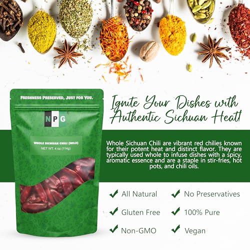NPG Sichuan Dried Red Chili Peppers 4 Oz, Mild Hot, Whole Chili Peppers