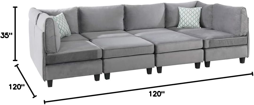 Lilola Home Simona 120-inch Modular Sectional Sofa, Gray Velvet 8-Piece U-Shaped Couch with 2 Ottomans & Accent Pillows