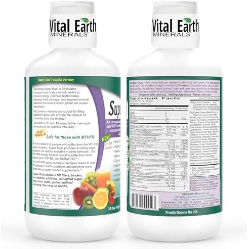 Vital Earth Minerals Super Multi – Liquid Multivitamins for Women, Men & Kids, Liquid Vitamins with Fulvic Acid for Better Absorption, MTHFR Support, 32 Oz + 1 Oz Cup