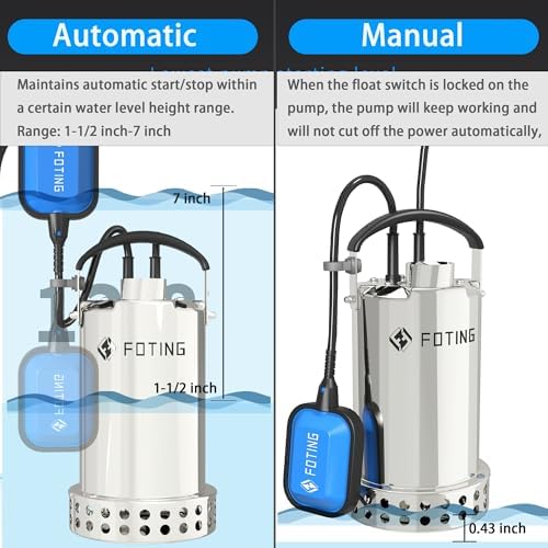 FOTING Full 304 Stainless Steel Sump Pump with Float Switch - 1HP 4600GPH Automatic Submersible Water Pump Fast Water Removal in Pools, Basements