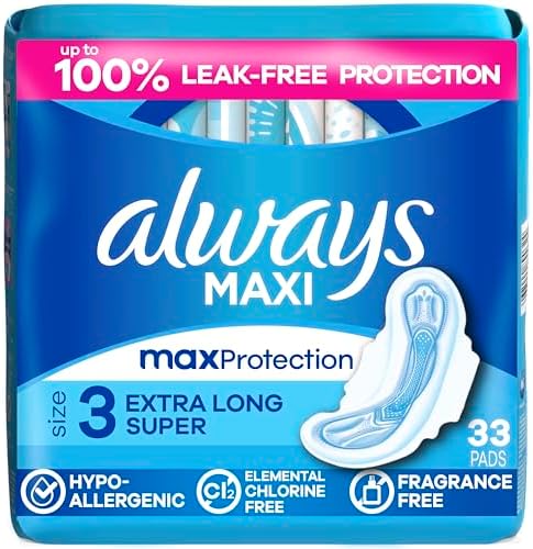 Always Maxi Feminine Pads with Wings for Women, Size 3, Extra Long Super Absorbency, Unscented, Up to 100% Leak-Free Protection, 33 Count