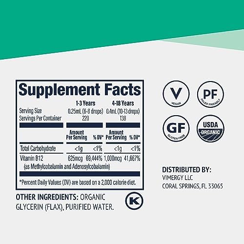 Vimergy Liquid Vitamin B12 Brain Function, 2500 mcg, Organic, 30 Servings | Brain Body Nourish*, Supports Oxygen and energy to the Brain*, Methylcobalamin & Adenosylcobalamin, Vegan, Non-GMO