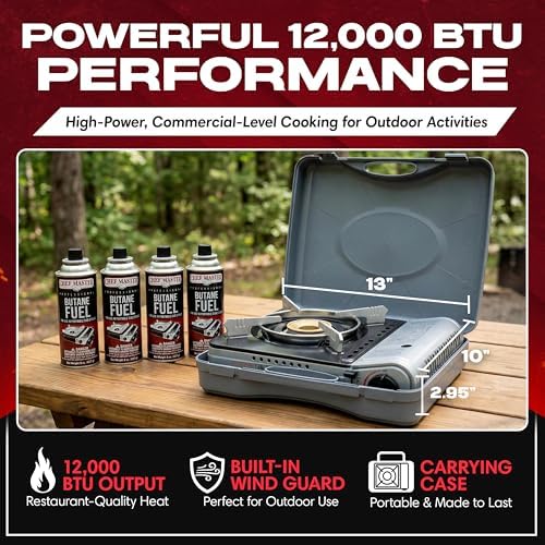 Chef Master 12,000 BTU Portable Butane Stove - Gas Burner for Camping & Outdoor Cooking - Countertop Cooktop with Carry Case, Wind Guard & Electronic Ignition - Portable Cooker & Burner Stove – 90235