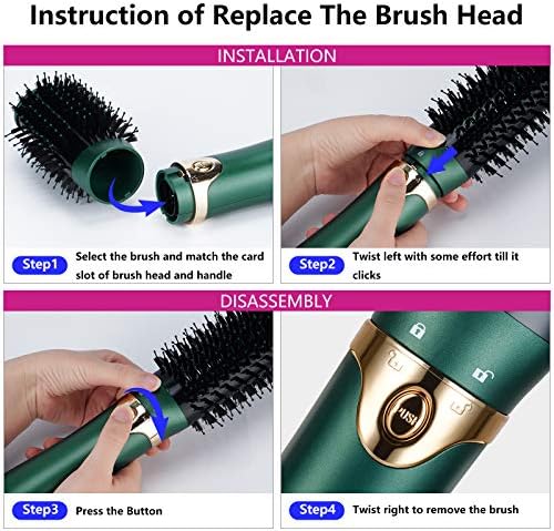 3 in 1 Hair Dryer and Volumizer, Ceramic Negative Ion Curling Dryer Styler with 3 Interchangeable Brush Heads, Green