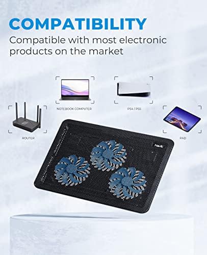havit HV-F2056 15.6"-17" Laptop Cooler Cooling Pad - Slim Portable USB Powered (3 Fans), Black/Blue | Three quiet USB-powered fans circulate air below the laptop, two height settings improve viewing and typing comfort