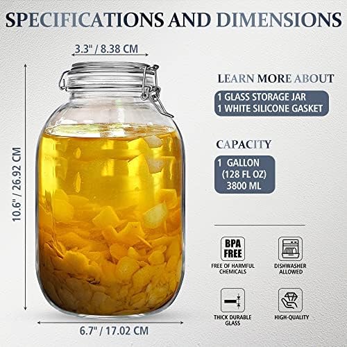 1 Gallon Glass Jar with Airtight Lid, Large Mason Jar, Pickle Jars, 128 OZ