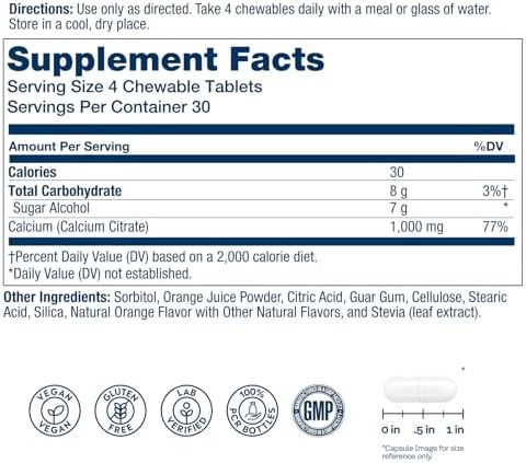 SOLARAY Calcium Citrate 1000 mg, Orange Flavor, 60 Chewables | Bone & Teeth Support - Natural Orange Flavor - 1000 mg Calcium Citrate - 15 Servings - Vegan, Gluten Free, Lab Verified