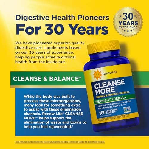 Renew Life Cleanse More 100 Vegetarian Capsules | Helps Relieve Occassional Constipation | Herbal Formula with Magnesium | Dairy, Soy and Gluten Free