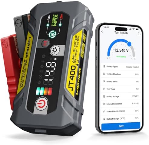 LOKITHOR JT400 2500A Portable Jump Starter with 100–2000 CCA Battery Tester, 12V Car Battery Jump Starter for Up to 8.5L Gas or 6.5L Diesel Engines, Smart Bluetooth Automotive Battery Load Tester