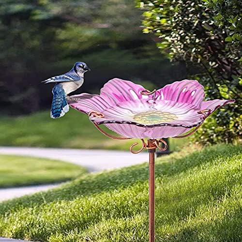 26" Glass Bird Bath, Outdoor Birdbath Bird Feeder Green Flower Metal Stake