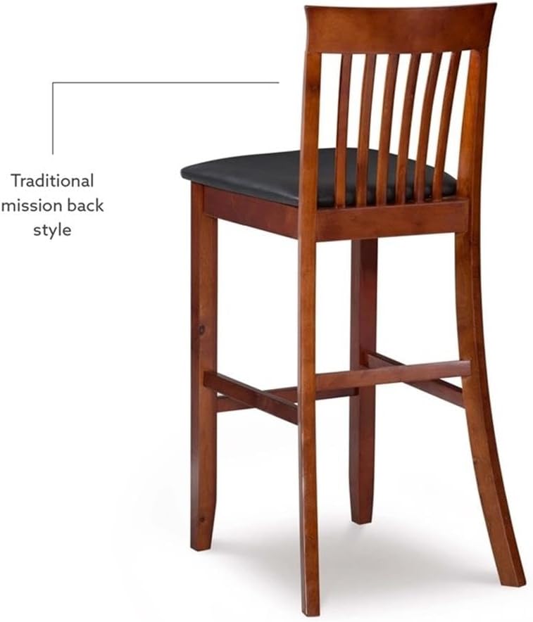Riverbay Furniture 25" Mission Back Bar Stool, Rubberwood & Faux Leather, Dark Cherry/Black Finish, Counter Height Dining Seat with Padded Easy-Clean Upholstery, 37" H for Kitchen or Home Bar Use