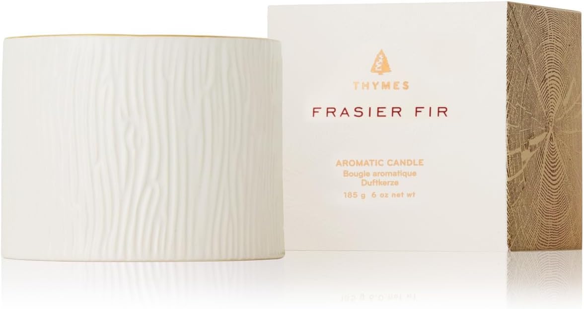 Thymes Frasier Fir Candle - Gilded Collection - Wood Grain Ceramic Design with 24-Karate Gold Rim - Mountain Fresh Fragrance - Elegant Winter Candle Scents - Gifts for Women & Men (3-Wick, 20 oz)