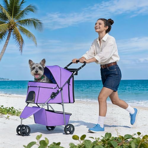 BestPet | 3-Wheel Pet Stroller | Dog and Cat Stroller | Breathable Mesh | Lightweight Travel Carrier | Waterproof & Foldable Design | Storage Basket | Black | for Daily Walks & Outdoor Use | Breathable Mesh | Lightweight, Waterproof Travel Carrier with C…