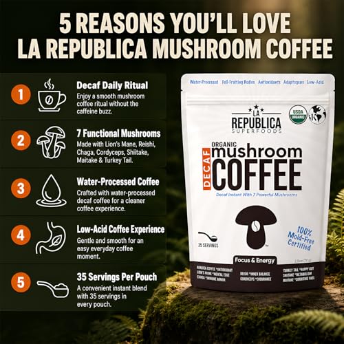 La Republica DECAF Organic Mushroom Coffee (35 Servings) with 7 Superfood Shrooms, Great Tasting Instant Mix Includes Lion's Mane, Reishi, Chaga, Cordyceps, Shiitake, Maitake, and Turkey Tail (Decaffeinated)
