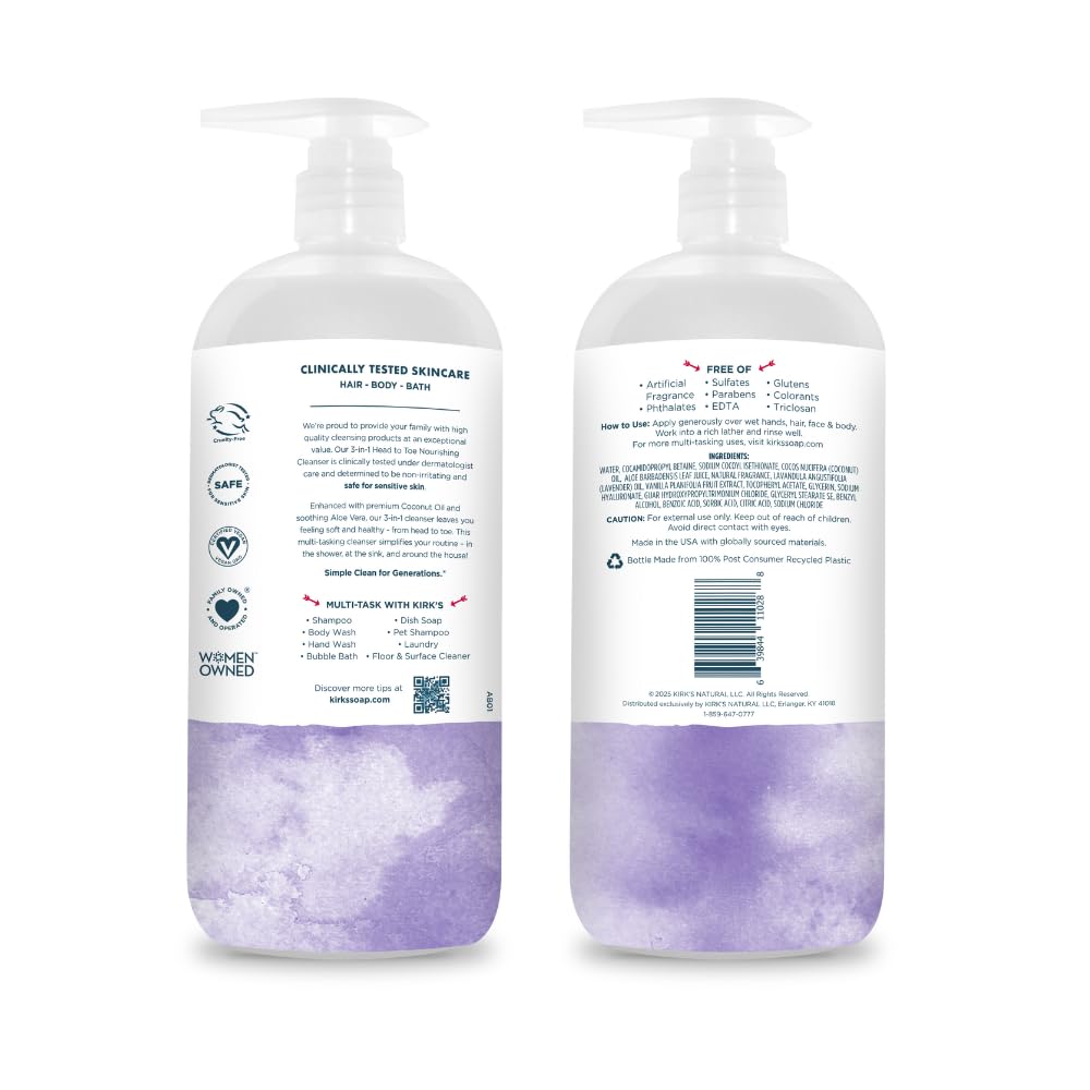 Kirk's Juniper & Lime​ 3-in-1 Nourishing Cleanser, Shampoo Body Wash Bubble Bath, Coconut Oil and Aloe Vera, Vegan Non-GMO, 32 Fl Oz