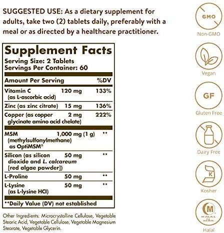 Solgar Skin, Nails & Hair, Advanced MSM Formula, 120 Tablets, Non GMO | Supports Collagen for Hair, Nail and Skin Health, Provides Zinc, Vitamin C & Copper, Vegan, Gluten & Dairy Free - 60 Servings