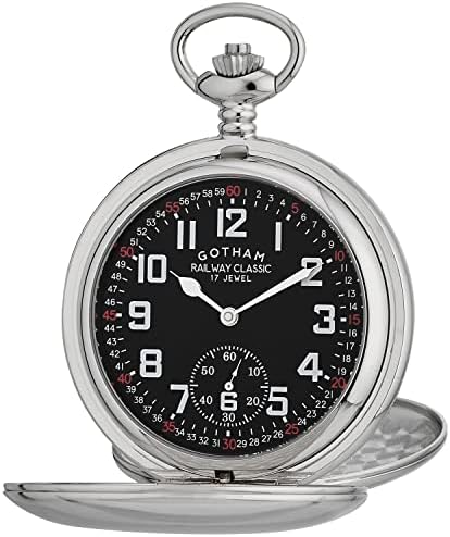Gotham Men's Silver-Tone Railroad Dial Double Hunter 17 Jewel Mechanical Pocket Watch # GWC18806SB