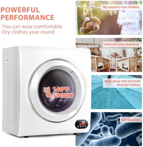 Euhomy Compact Laundry Dryer, 3.5 cu ft Front Load Stainless Steel Clothes Dryers With Exhaust Pipe, 1500W