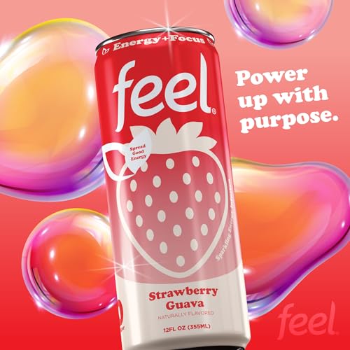 FEEL Variety Pack – Zero Sugar Sparkling Energy Drink – 3 Flavor Assortment, 140mg Plant-Based Caffeine from Green Coffee Beans + L-Theanine – Vitamin C, Vegan, Non-GMO – 12 Pack (12 Fl Oz Cans)