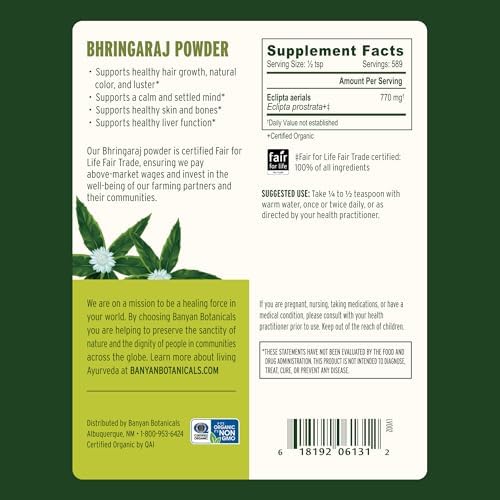 Banyan Botanicals Bhringaraj Powder – Organic Eclipta Prostrata Leaf Powder – for a Calm Mind and Healthy Hair, Nails, Bones, and Teeth* – ½ lb. – Non-GMO FFL Vegan