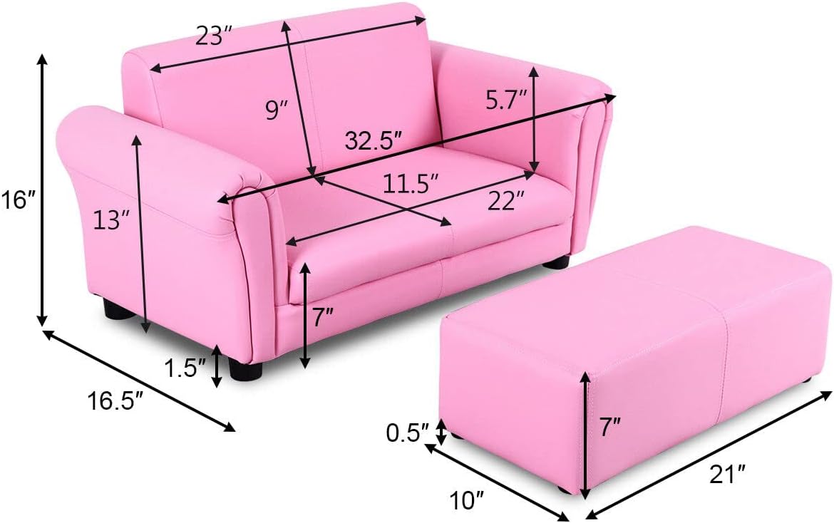 Costzon Kids Couch with Footstool, 2 in 1 Double Seat Children's Sofa w/PU Leather Surface, Armrest Chair Lounge, Soft Kids Sofa for Preschool Bedroom Kids Room Toddlers Boys Girls Birthday (Black)