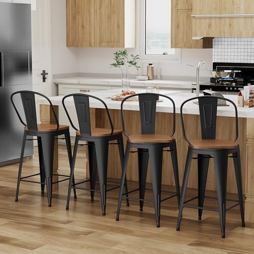 Alunaune 24" Swivel Metal Bar Stools Set of 4 High Back Counter Height Barstools Industrial Dining Bar Chairs with Large Wooden Seat-Matte Black
