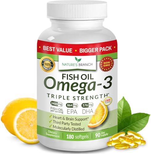 Triple Strength Omega 3 Fish Oil for Heart Health, Brain & Eyes – Burpless | High EPA & DHA Fish Oil for Men & Women, Lemon Flavor, Third Party Tested, Omega 3 Supplements for Joints – 120 Capsules