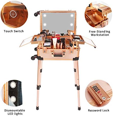 Medium Makeup Train Case with Code Lock, Lighted Mirror, Speaker Travel Cosmetic Organizer Box, Professional Artist Trolley Studio Free Standing Case