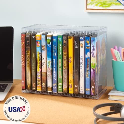 STORi Stackable Clear Plastic DVD Organizer with Rubber Feet | Rectangular Holder Perfect for Theater Room | Holds up to 14 Standard DVD Cases