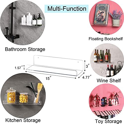Sooyee Acrylic Shelves, 2 Pack 15 Inch Floating Wall Shelves, Funko Pop Display Shelf, Invisible Kids Book Shelf, Picture Ledge Shelf Decor
