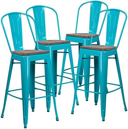 Flash Furniture 30 in Metal Barstool with Back, Blue | Commercial Grade, Removable Back, Indoor/Outdoor Use