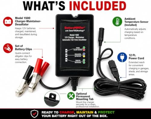 1500 12V-1.5A Smart Trickle Charger, Battery Maintainer, and Battery Desulfator - for Winter and Long Term Storage