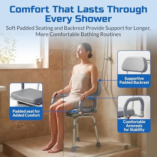 Swival Shower Chair with Padded seat for Inside ShowerFor Senior, Bath Seat | Sit Securely While Bathing - Blue, padded seat, padded armrests, swivel seat, tool-free assembly, 600 lb