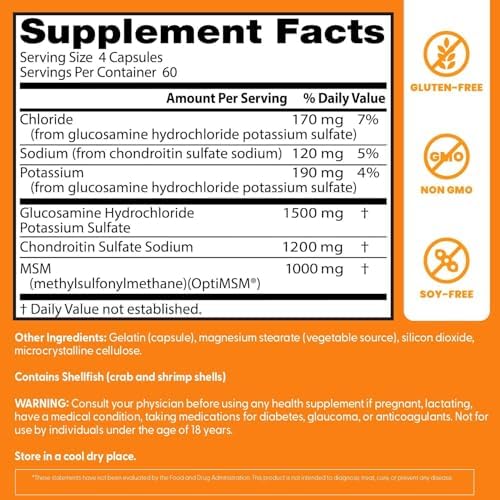 Doctor's BEST Glucosamine Chondroitin MSM - Joint Health Support Supplement for Women & Men, Nutritional Support for Joint Strength, Hair, Skin, & Nails, Gluten Free, Non GMO - 240 Capsules