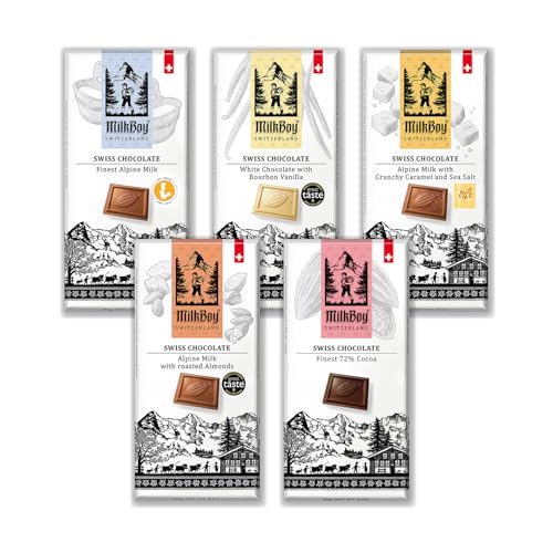 MilkBoy Swiss Chocolates Chocolate Bar Variety Flavors - 3 oz, 5 Pack | Includes milk, dark, white bourbon vanilla, caramel sea salt & almond flavors. Rainforest Alliance certified cocoa. Kosher.