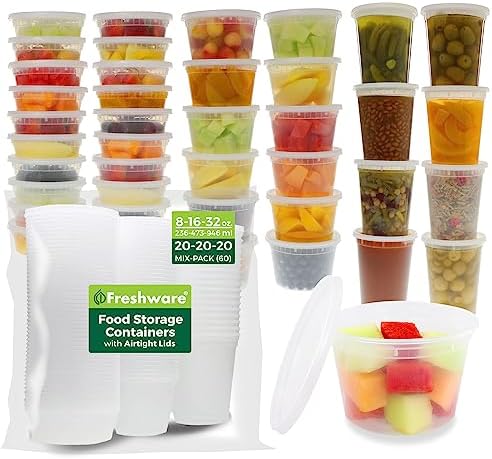 Freshware Food Storage Containers [24 Set] 32 oz Plastic Deli Containers with Lids, Slime, Soup, Meal Prep Containers | BPA Free | Stackable | Leakproof | Microwave/Dishwasher/Freezer Safe