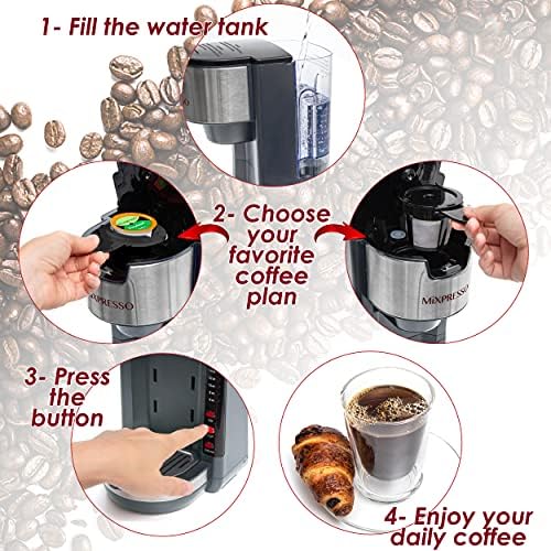 Mixpresso Black Single Serve Coffee Brewer K-Cup Pods Compatible & Ground, 30 oz Compact Coffee Maker Single Serve With 5 Brew Sizes Up To 14 Oz